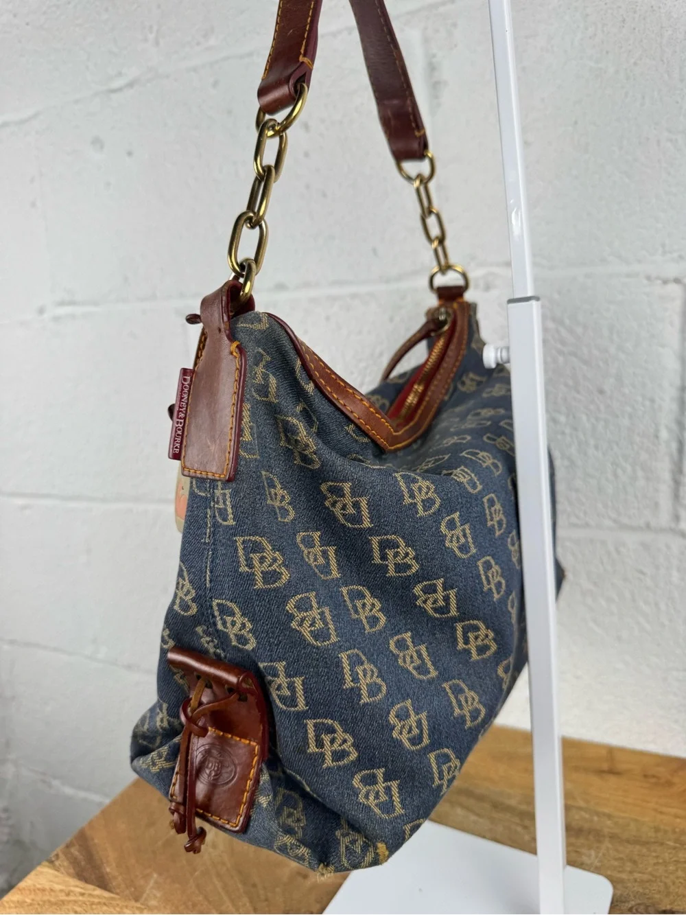 Dooney & Bourke Denim Monogram Hobo Shoulder Bag Leather Duck Charm Y2K